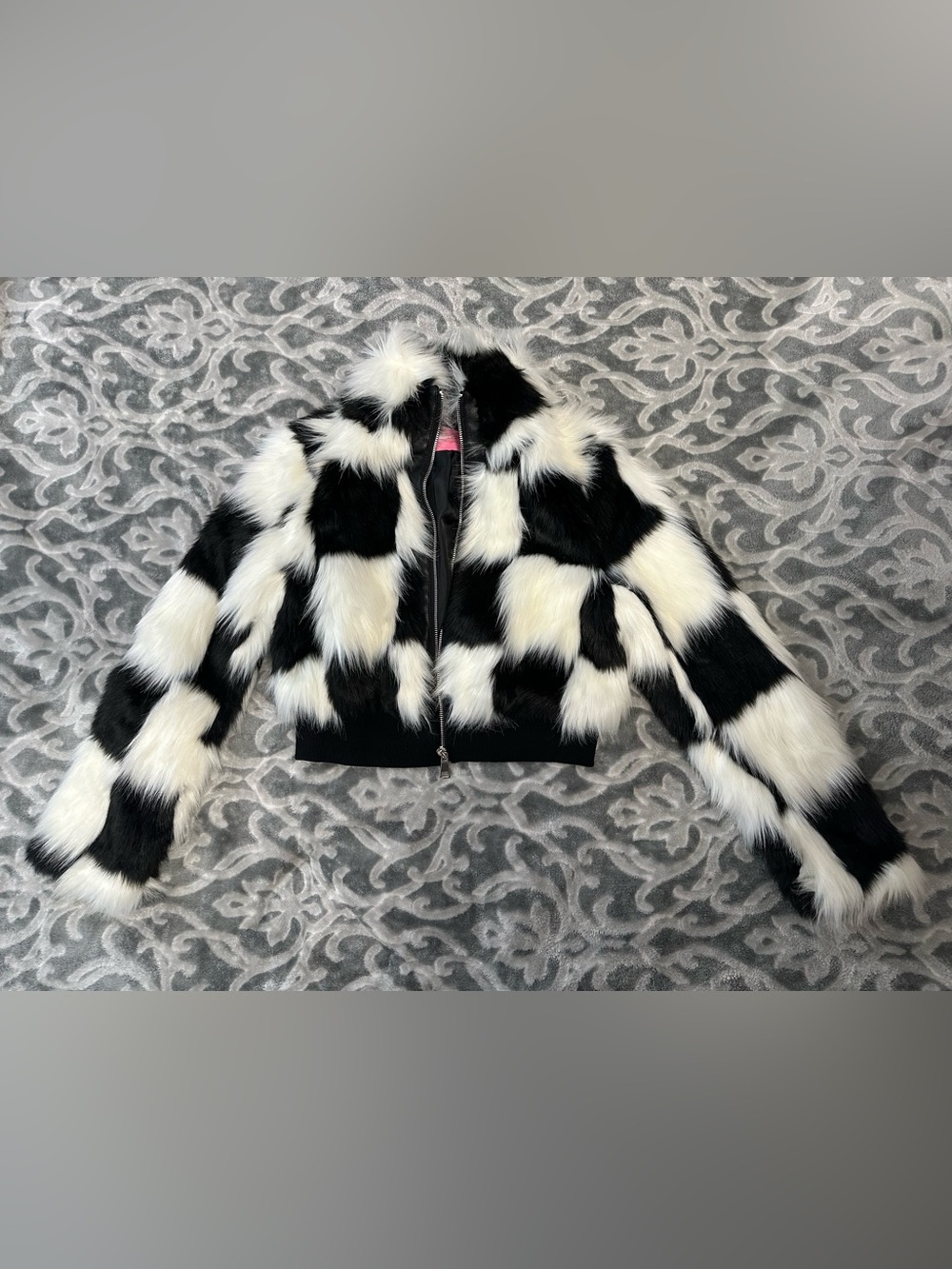 Black & White Faux Fur Check Bomber Jacket
